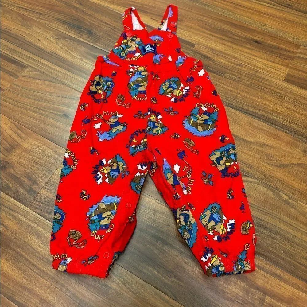 Osh Kosh B’Gosh vintage red corduroy bear camping fishing outdoors overalls